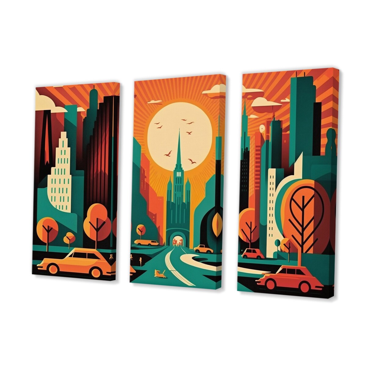 Designart "Futuristic Cityscape III" City Art Deco Canvas Art Print - 3 Panels