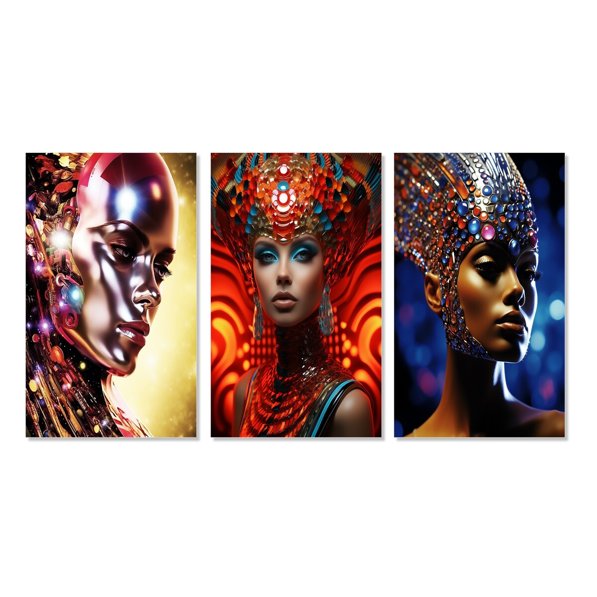 Designart "Futuristic Glam Portrait Of Gorgeous Woman II" Fashion Woman Blue - Gallery Set Of 3 For Office Decor