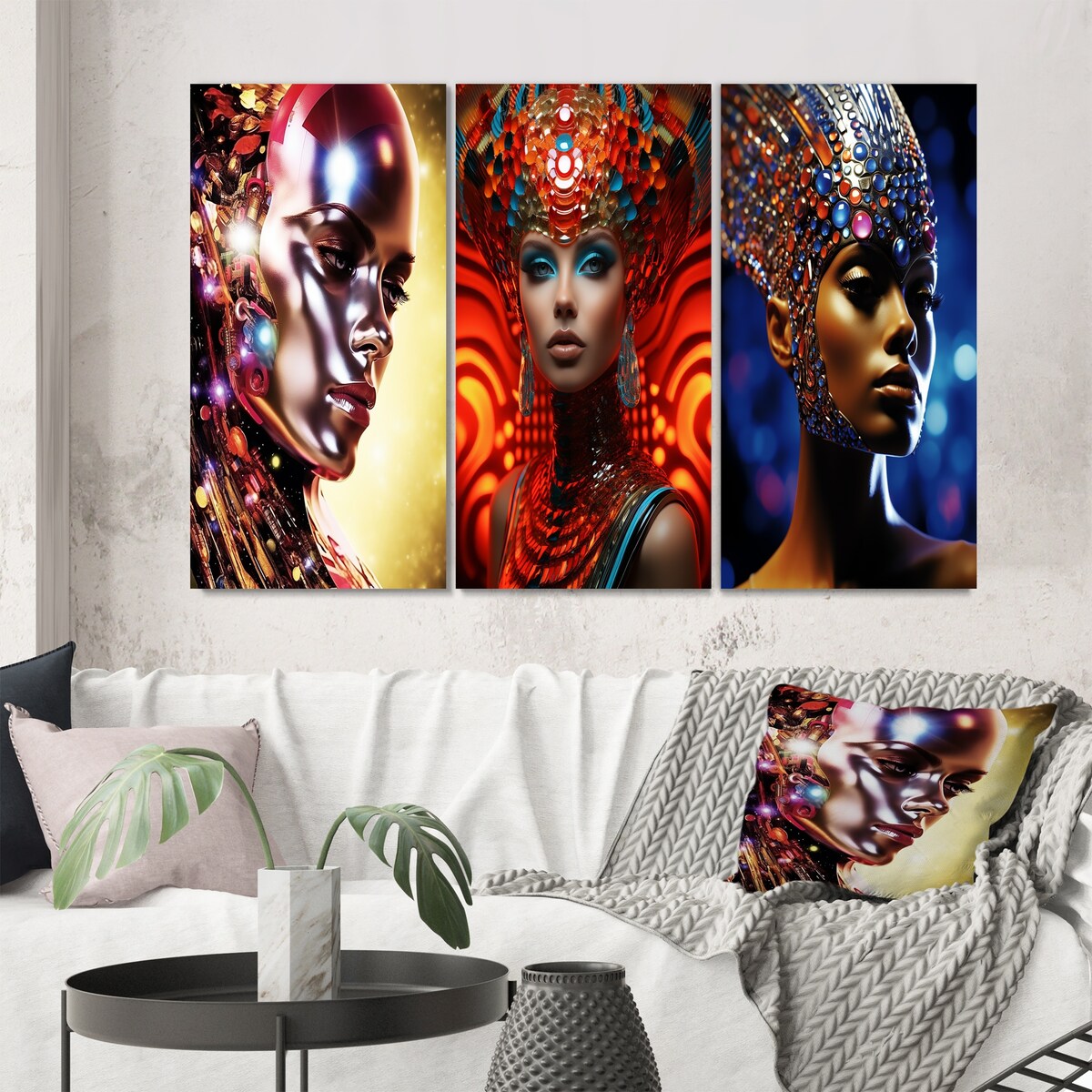 Designart "Futuristic Glam Portrait Of Gorgeous Woman II" Fashion Woman Blue - Gallery Set Of 3 For Office Decor