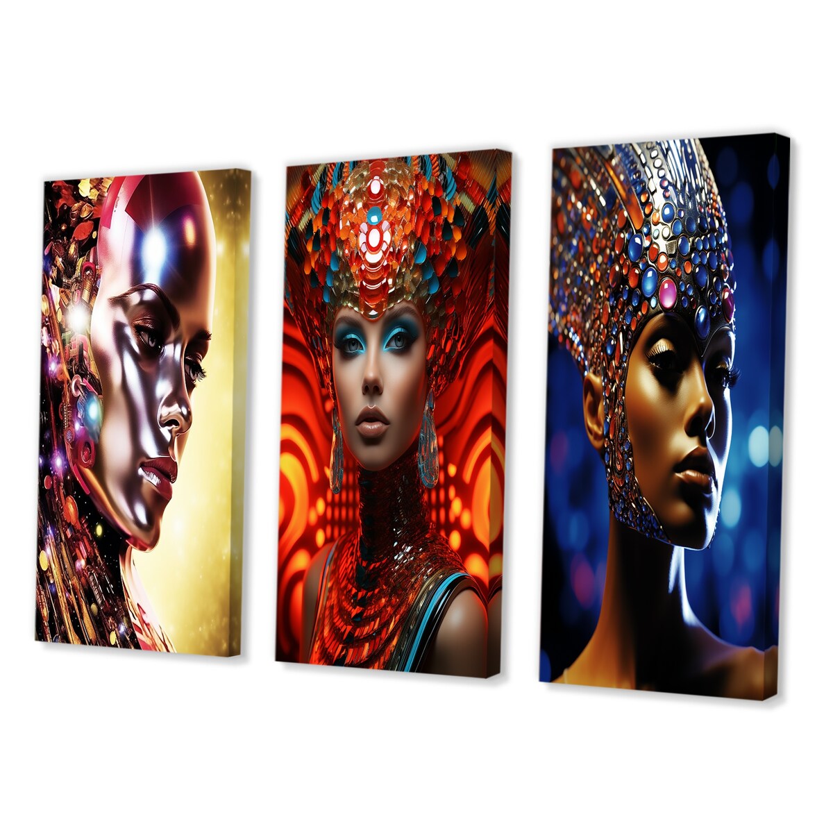 Designart "Futuristic Glam Portrait Of Gorgeous Woman II" Fashion Woman Blue - Gallery Set Of 3 For Office Decor