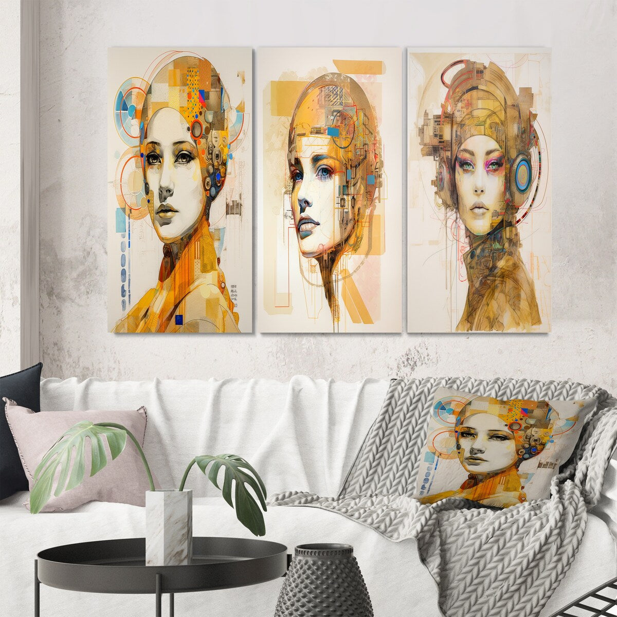 Designart "Futuristic Portrait Japanese Queen Of Kyoto" Fashion Woman Wall Art Set Of 3 Glam Printed Art Set For Bedroom
