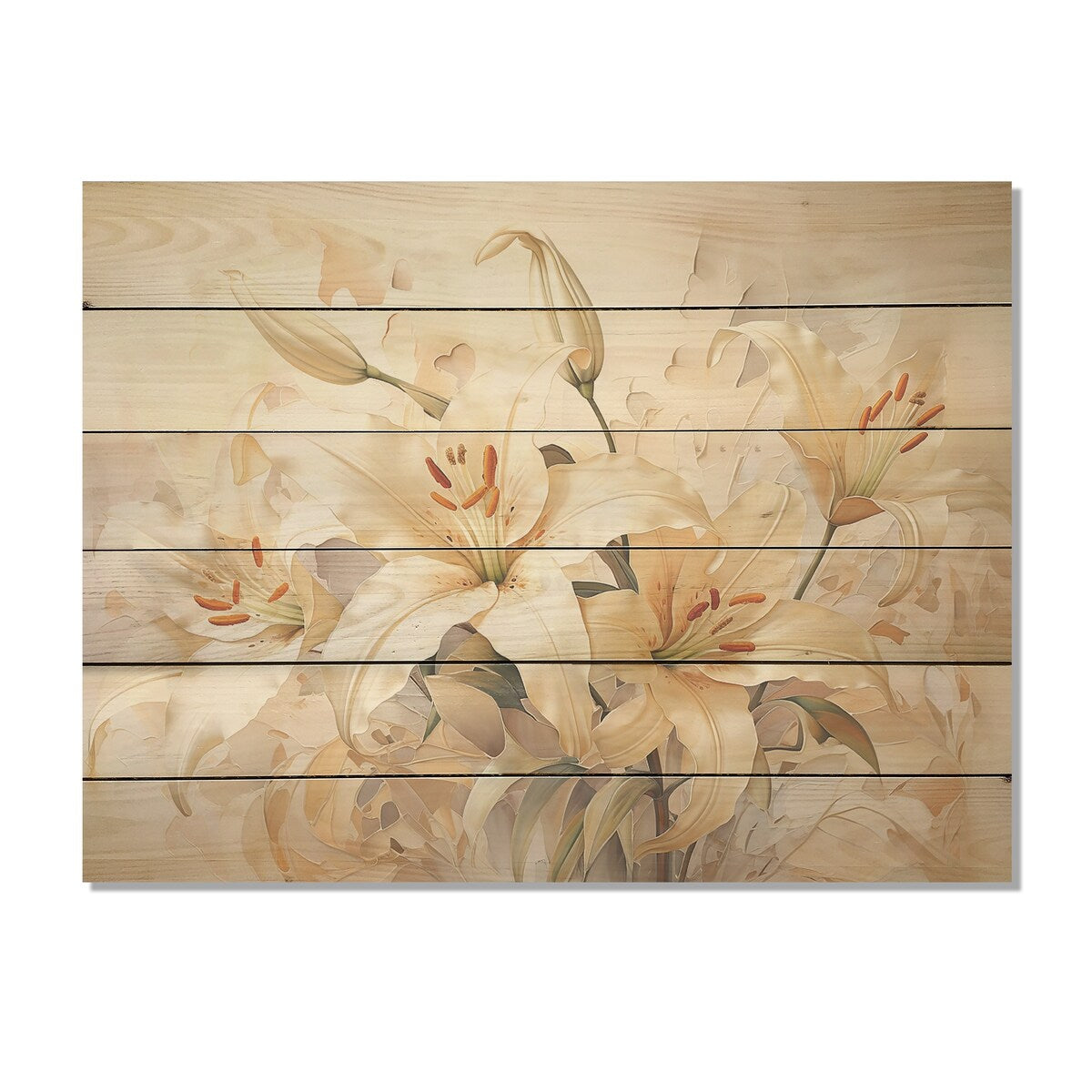 Designart "Garden Of Lilies Dreams I" Lilies Wood Wall Decor - Traditional Beige Wood Panel On Natural Pine Wood