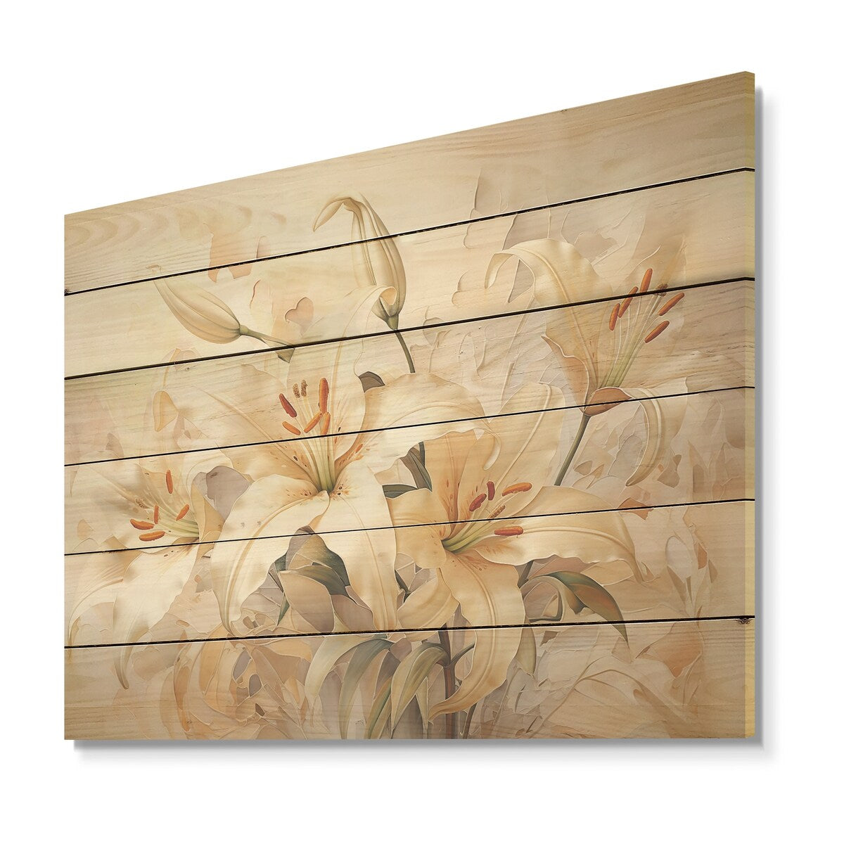 Designart "Garden Of Lilies Dreams I" Lilies Wood Wall Decor - Traditional Beige Wood Panel On Natural Pine Wood