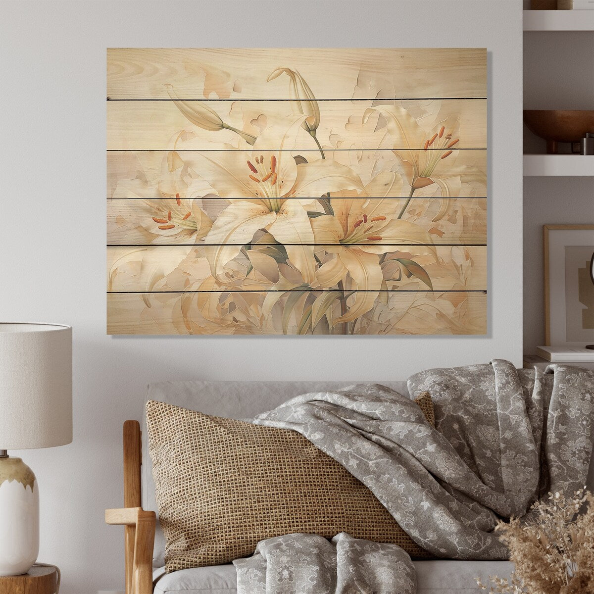 Designart "Garden Of Lilies Dreams I" Lilies Wood Wall Decor - Traditional Beige Wood Panel On Natural Pine Wood