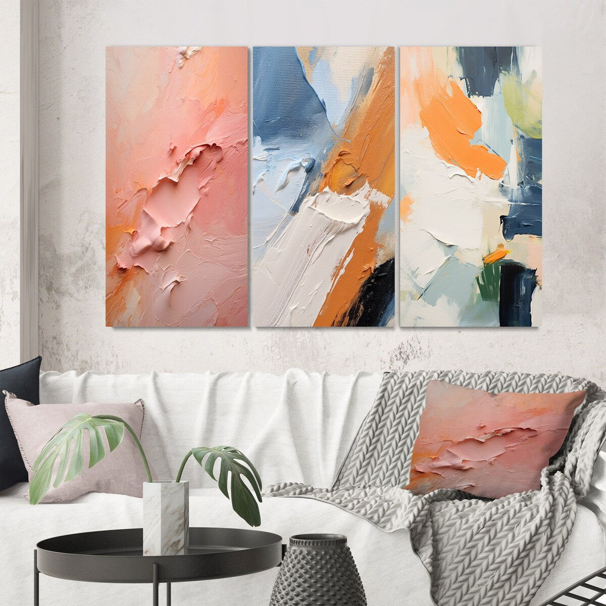 Designart "Gentle Pink Serenity Abstract Painting" Abstract Painting Wall Art Modern Printed Art Set Of 3 For Bedroom