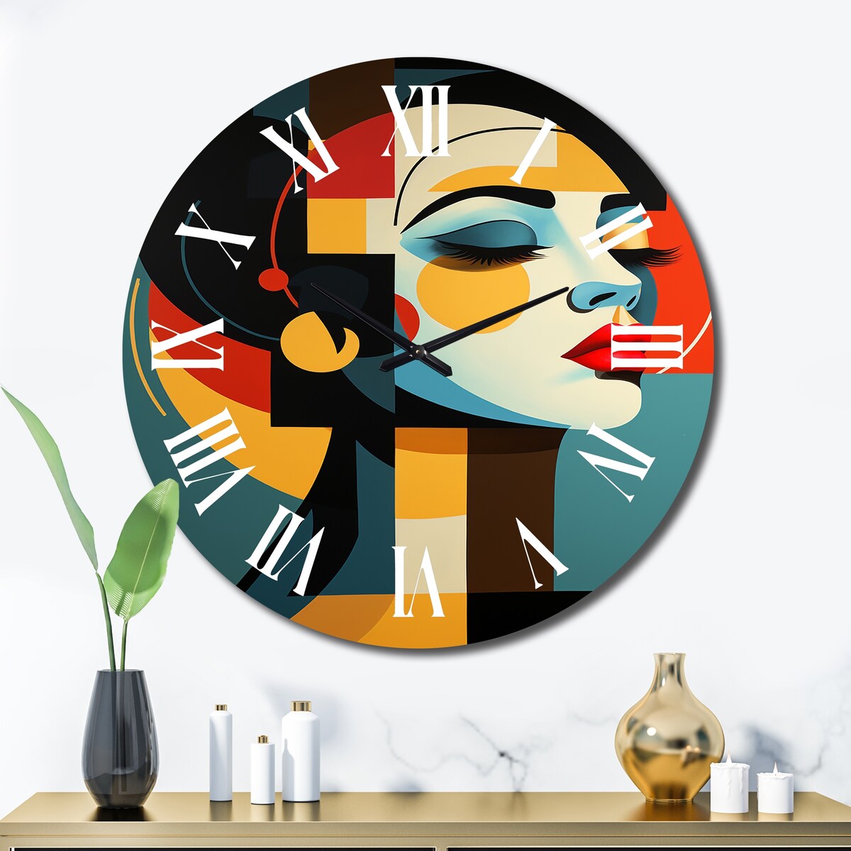 Designart "Geometric Art Deco Portrait Of Gracious Woman" Fashion Woman Oversized Wall Clock