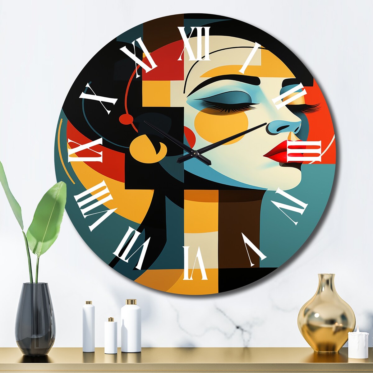 Designart "Geometric Art Deco Portrait Of Gracious Woman" Fashion Woman Oversized Wall Clock