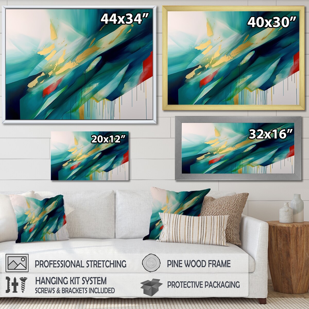 Designart "Geometric Green And Gold Motion II" Modern Geometric Framed Wall Art Living Room