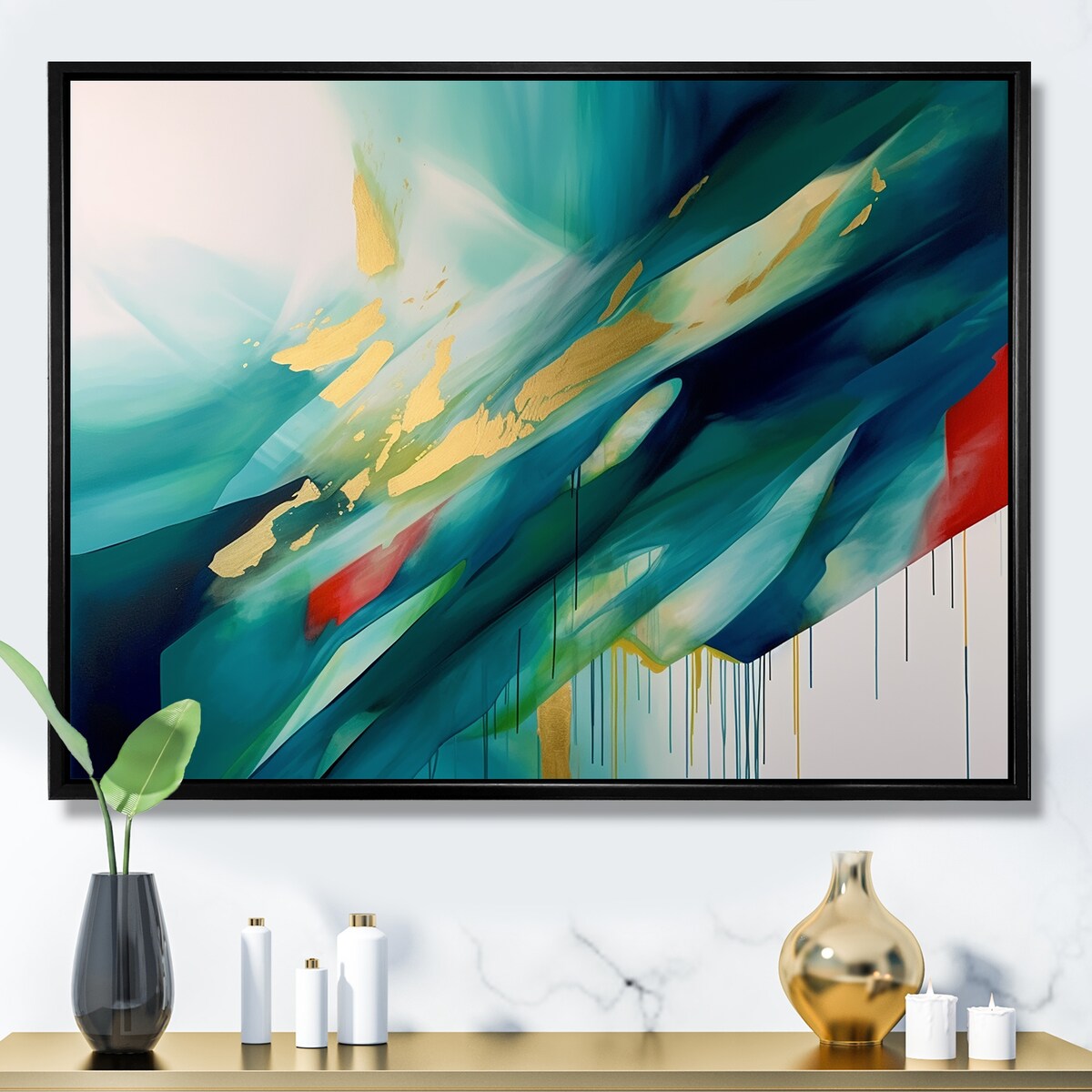 Designart "Geometric Green And Gold Motion II" Modern Geometric Framed Wall Art Living Room