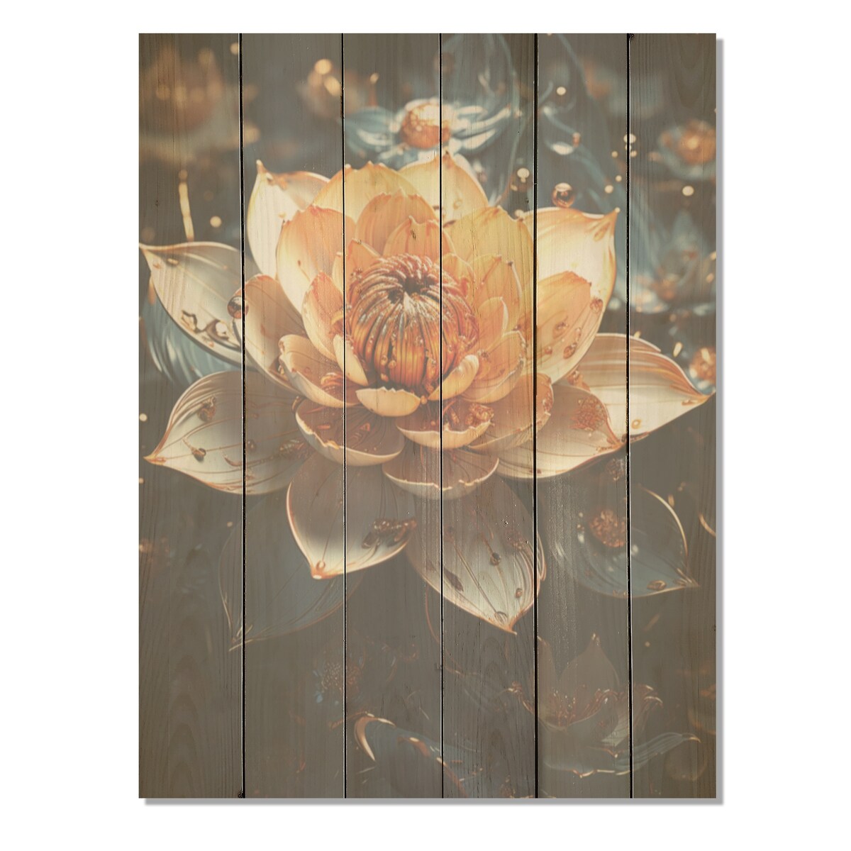 Designart "Gilded Accents Adorn Lotus Flower" Lotus Wood Wall Decor - Modern Peach Wood Panel On Natural Pine Wood