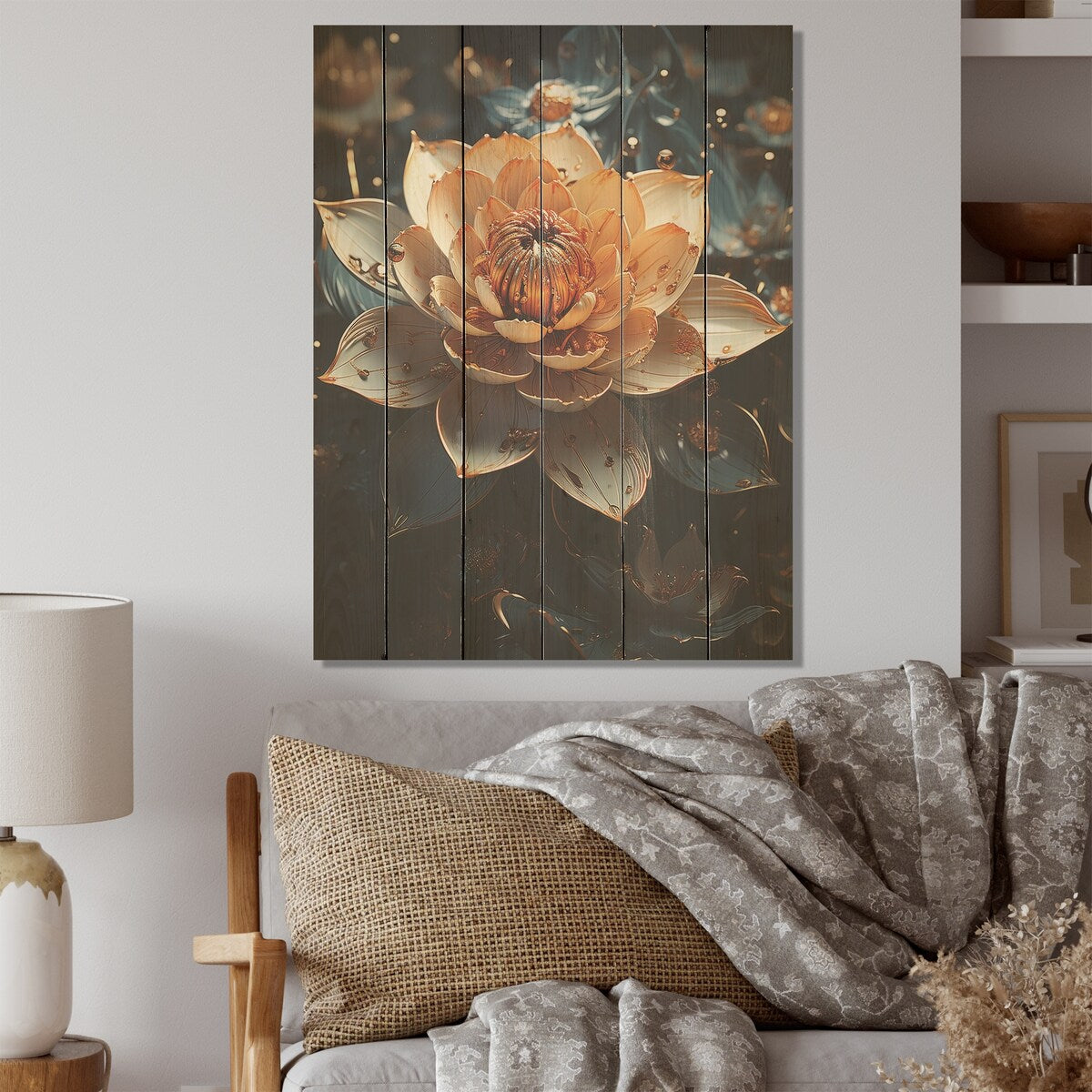 Designart "Gilded Accents Adorn Lotus Flower" Lotus Wood Wall Decor - Modern Peach Wood Panel On Natural Pine Wood