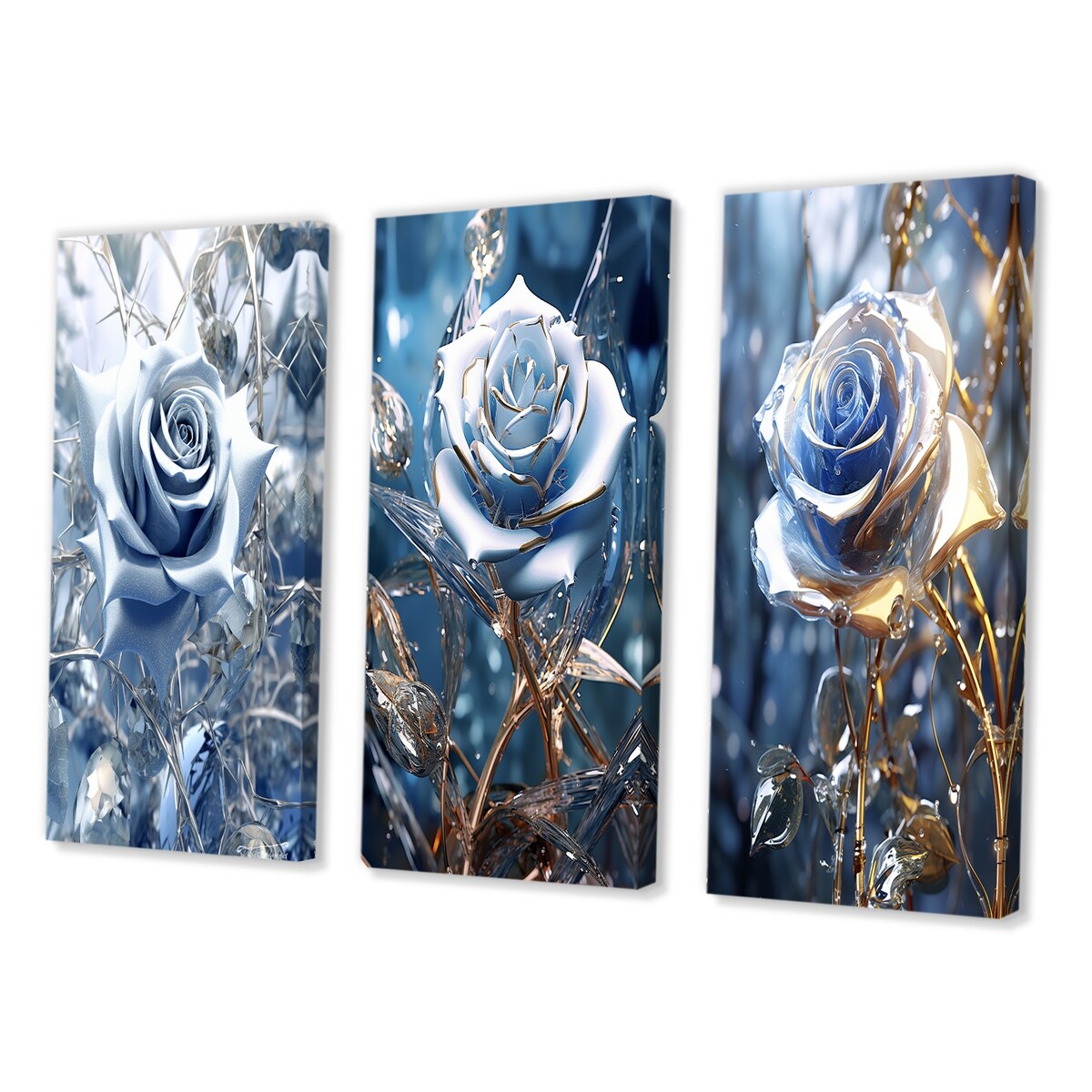 Designart "Gilded Blue Rose Shining In The Morning Light III" Rose Blue - Gallery Set Of 3 For Office Decor
