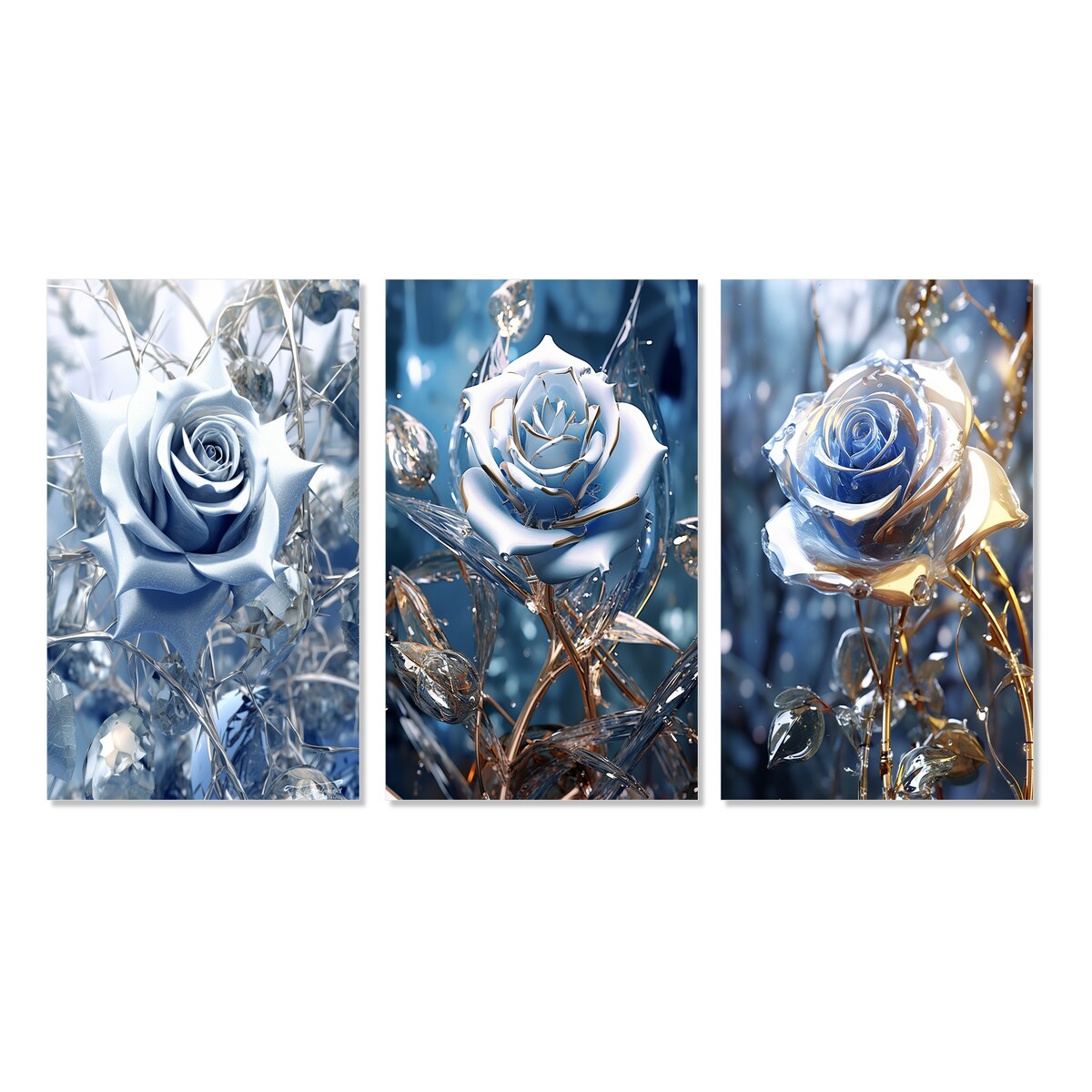 Designart "Gilded Blue Rose Shining In The Morning Light III" Rose Blue - Gallery Set Of 3 For Office Decor