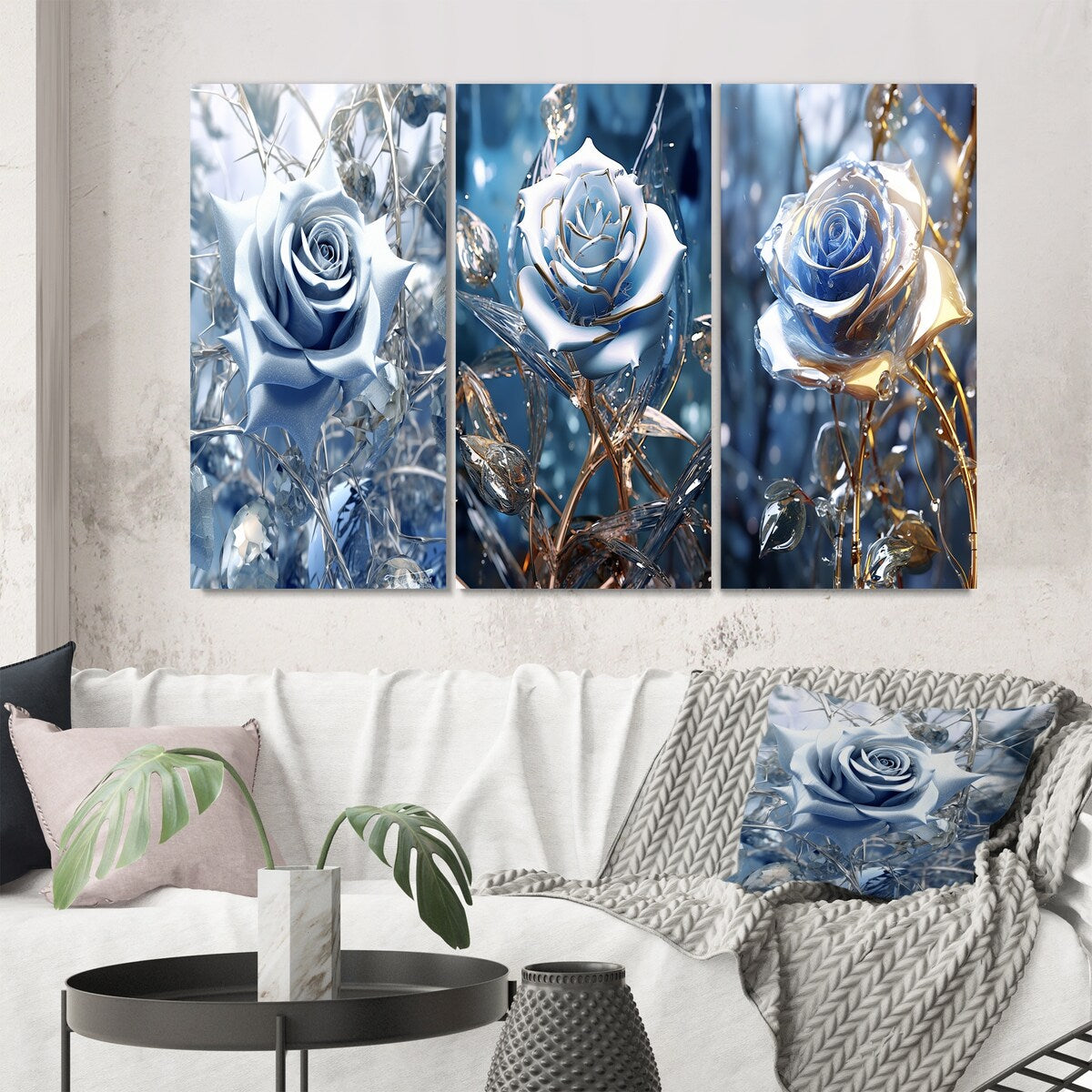 Designart "Gilded Blue Rose Shining In The Morning Light III" Rose Blue - Gallery Set Of 3 For Office Decor