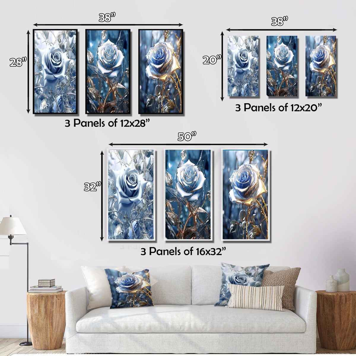 Designart "Gilded Blue Rose Shining In The Morning Light III" Rose Blue - Gallery Set Of 3 For Office Decor