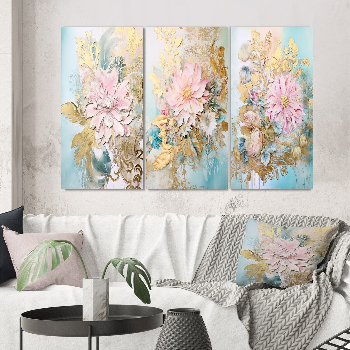 Designart "Gilden Pink Lily Vintage Illustration III" Flowers Wall Art Set Of 3 Traditional Gallery Set For Office Decor