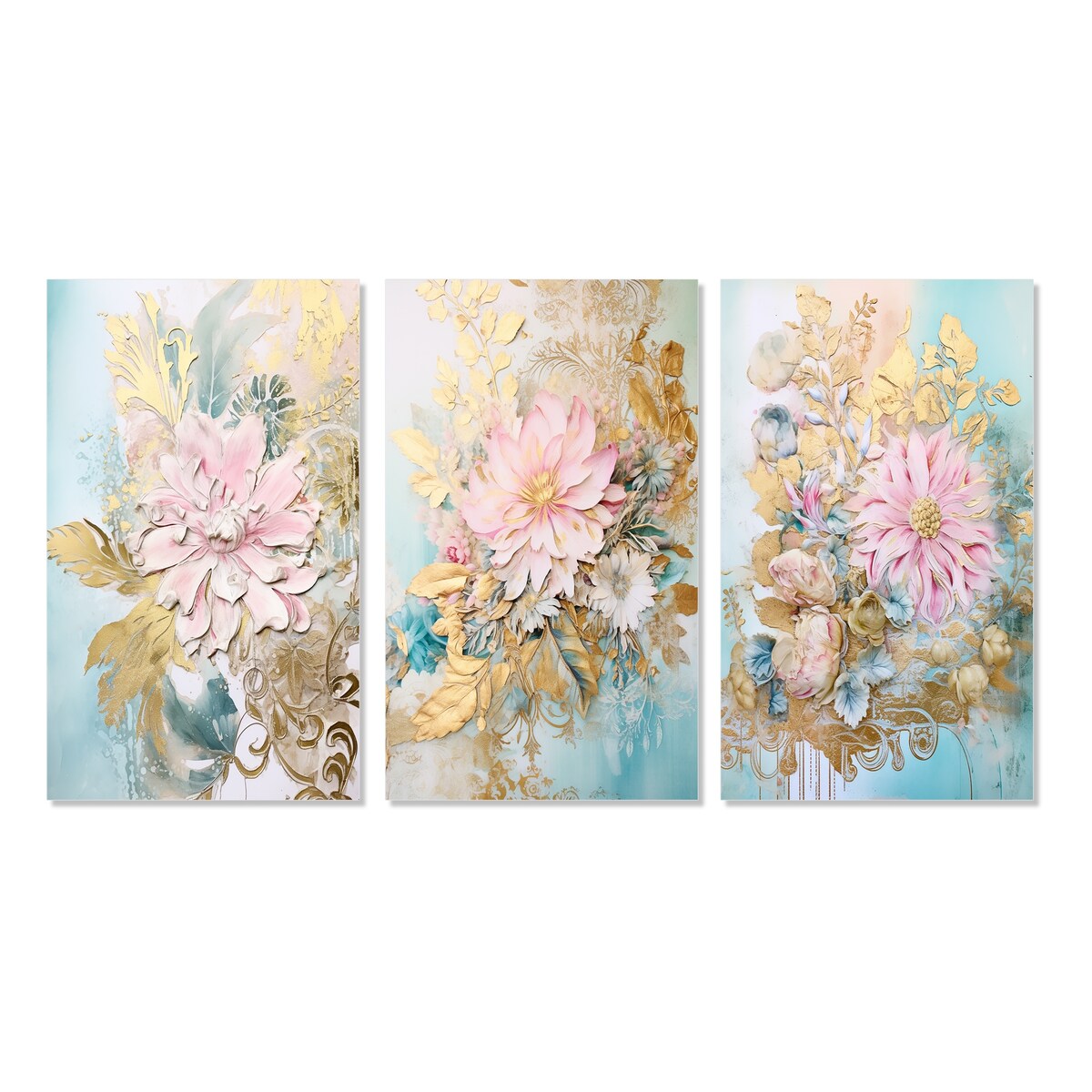 Designart "Gilden Pink Lily Vintage Illustration III" Flowers Wall Art Set Of 3 Traditional Gallery Set For Office Decor