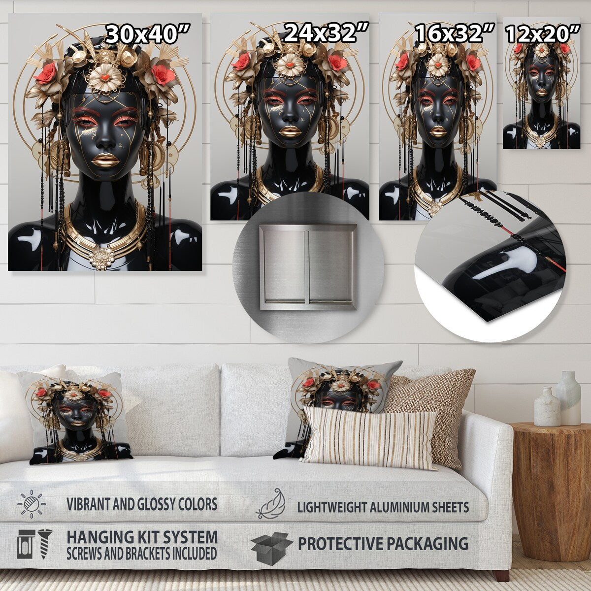 Designart "Glass Gold And Black Woman Essence II" African Woman Metal Wall Art - Black Metal Art Modern Metal Art Work