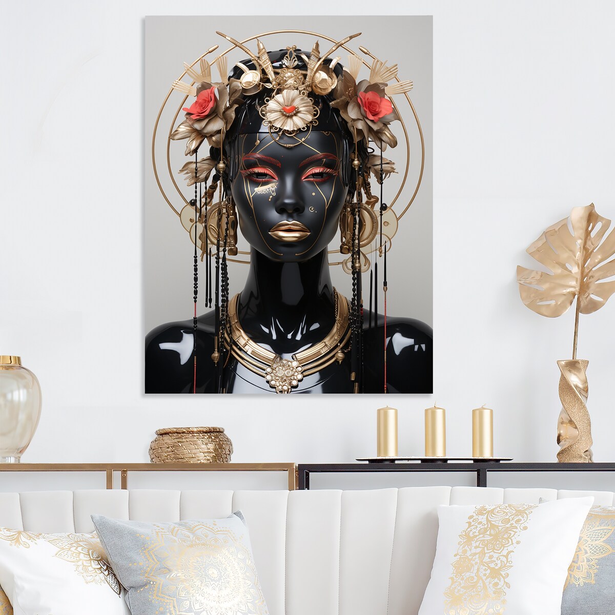 Designart "Glass Gold And Black Woman Essence II" African Woman Metal Wall Art - Black Metal Art Modern Metal Art Work