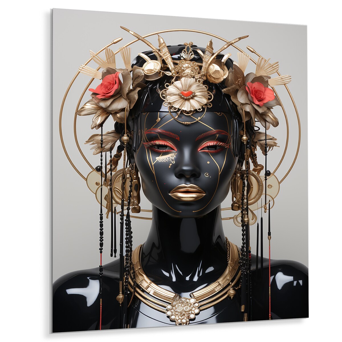 Designart "Glass Gold And Black Woman Essence II" African Woman Metal Wall Art - Black Metal Art Modern Metal Art Work