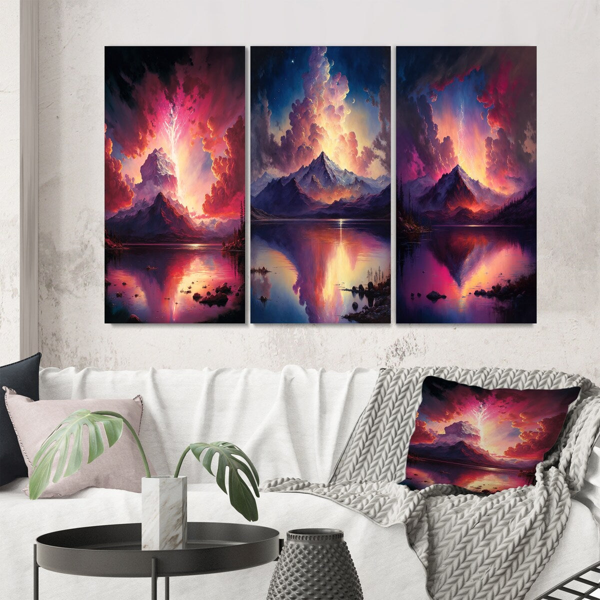 Designart "Glorious Magenta Lake Sunset With Lightening I" Landscape Mountains Pink - Gallery Set Of 3 For Office Decor