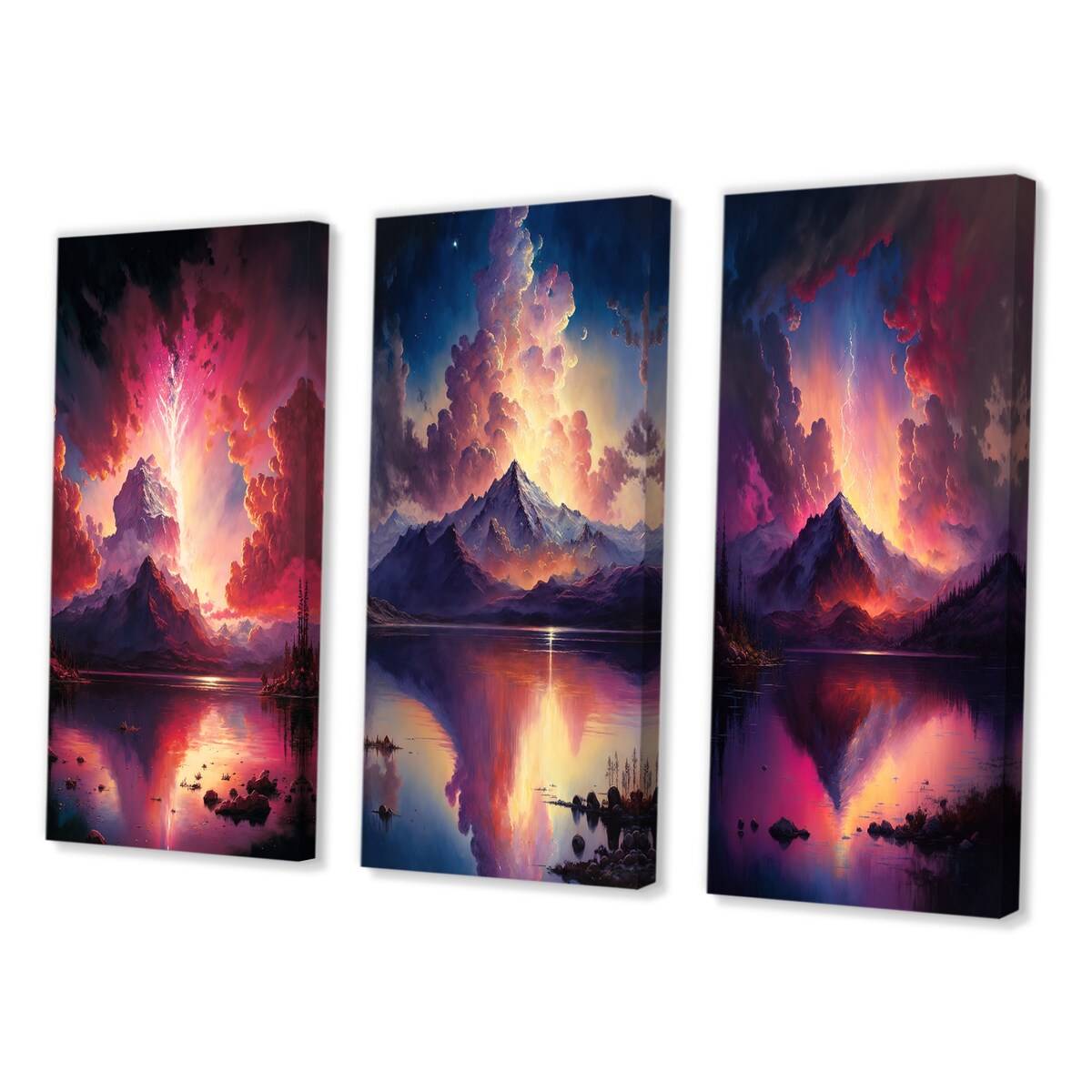 Designart "Glorious Magenta Lake Sunset With Lightening I" Landscape Mountains Pink - Gallery Set Of 3 For Office Decor