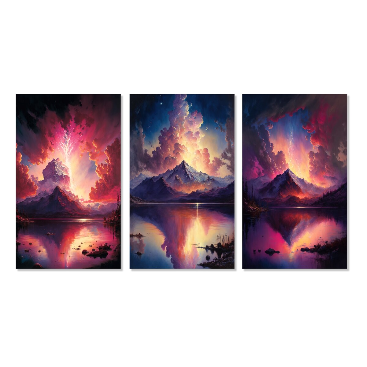 Designart "Glorious Magenta Lake Sunset With Lightening I" Landscape Mountains Pink - Gallery Set Of 3 For Office Decor