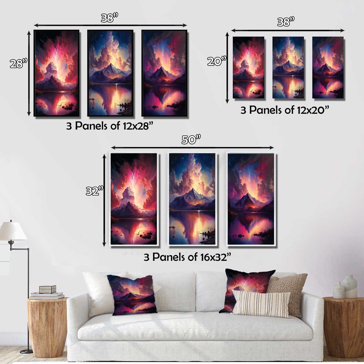 Designart "Glorious Magenta Lake Sunset With Lightening I" Landscape Mountains Pink - Gallery Set Of 3 For Office Decor