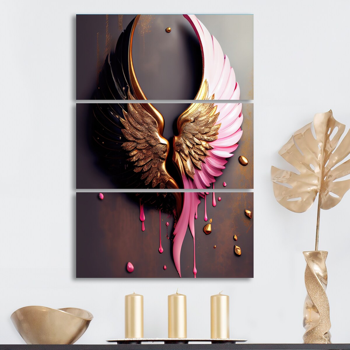 Designart "Gold And Black Angel Wings II" Wings Angel Canvas Art Print - 3 Panels