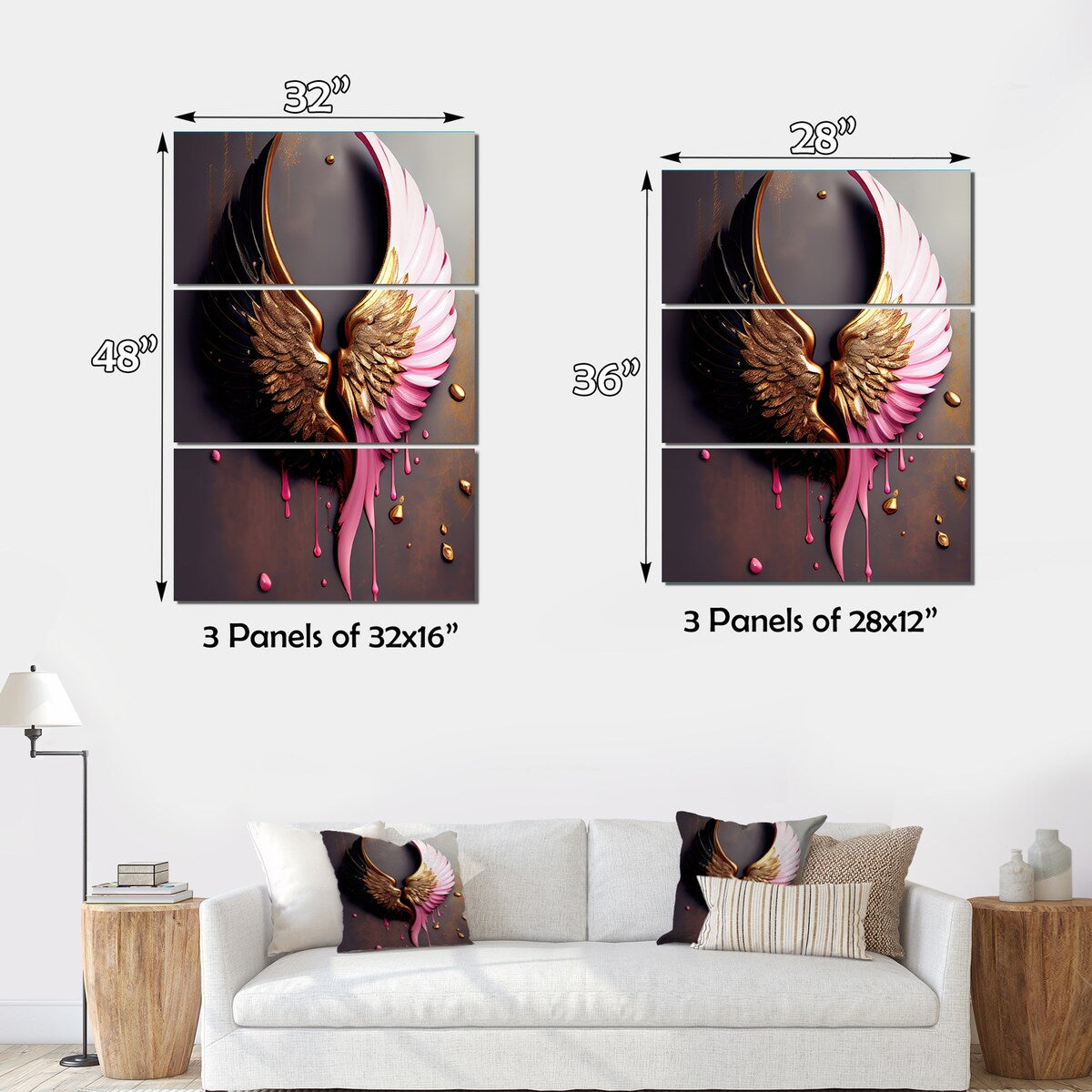 Designart "Gold And Black Angel Wings II" Wings Angel Canvas Art Print - 3 Panels