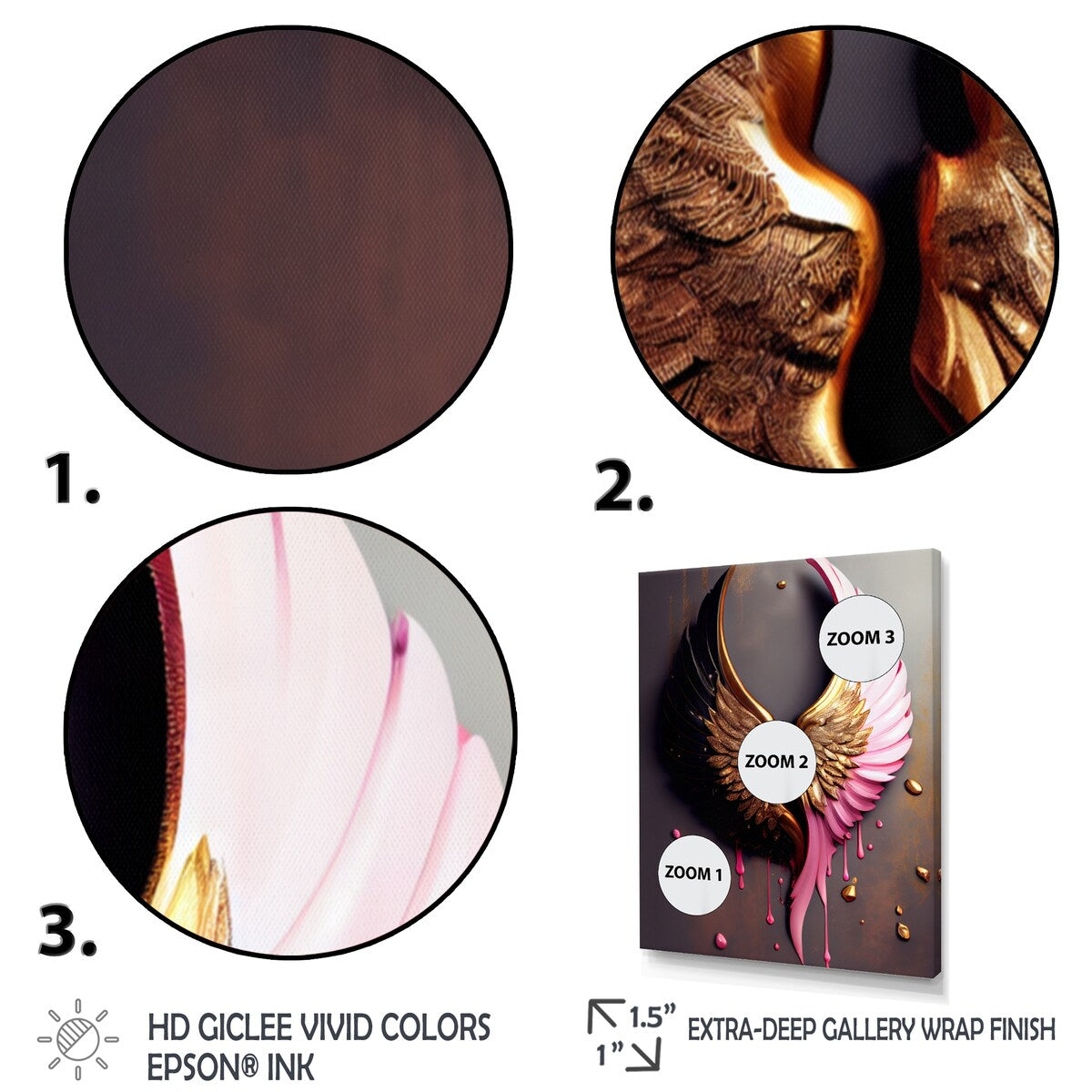 Designart "Gold And Black Angel Wings II" Wings Angel Canvas Art Print - 3 Panels