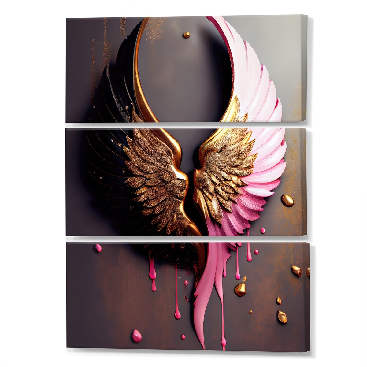 Designart "Gold And Black Angel Wings II" Wings Angel Canvas Art Print - 3 Panels
