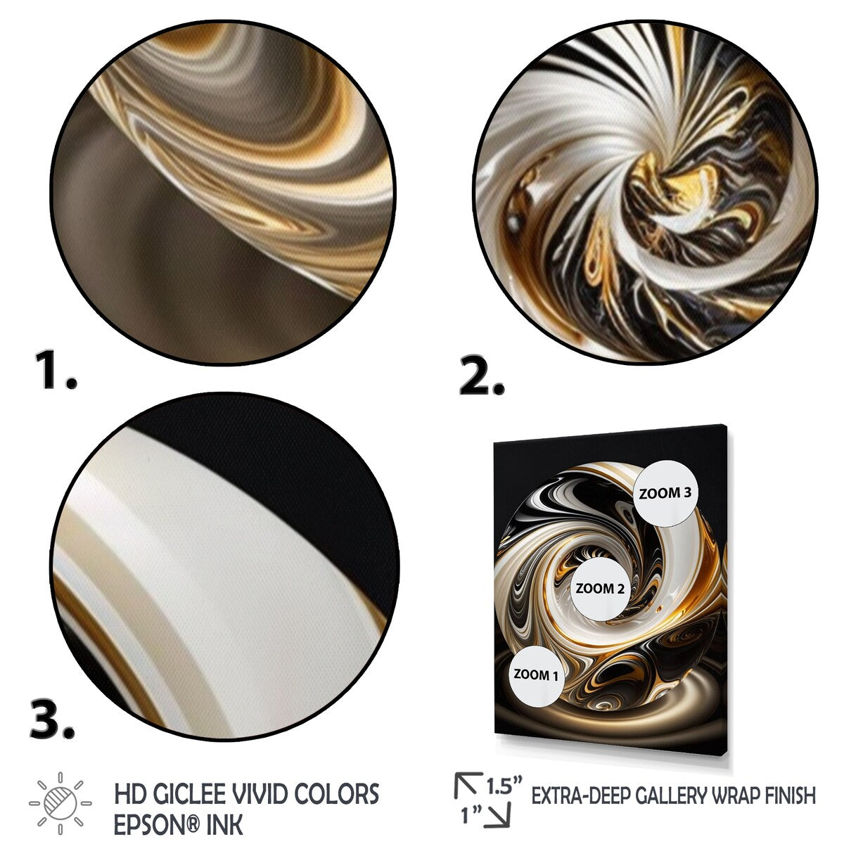Designart "Gold And Black Stained Glass Spiral II" Modern Spiral Canvas Art Print - 3 Panels