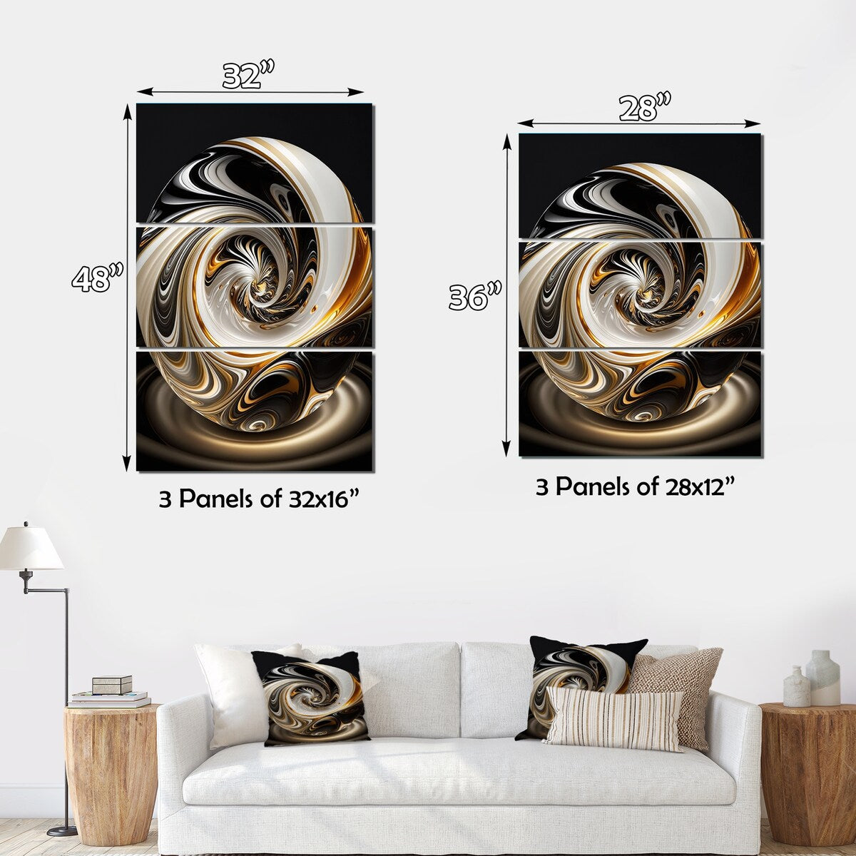 Designart "Gold And Black Stained Glass Spiral II" Modern Spiral Canvas Art Print - 3 Panels