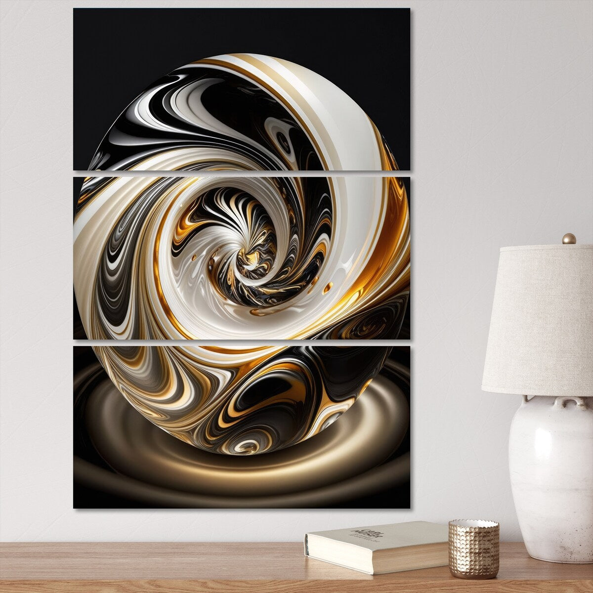 Designart "Gold And Black Stained Glass Spiral II" Modern Spiral Canvas Art Print - 3 Panels