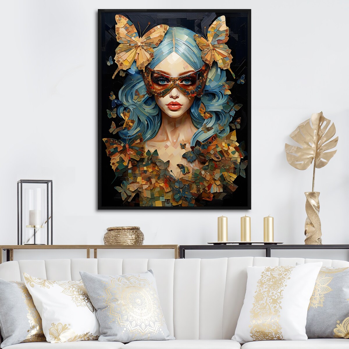 Designart "Gold And Blue Butterfly Glamour Woman Portrait II" Woman Glam Blue - Glam Living Room Framed Canvas Art