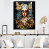 Designart "Gold And Blue Butterfly Glamour Woman Portrait II" Woman Glam Blue - Glam Living Room Framed Canvas Art