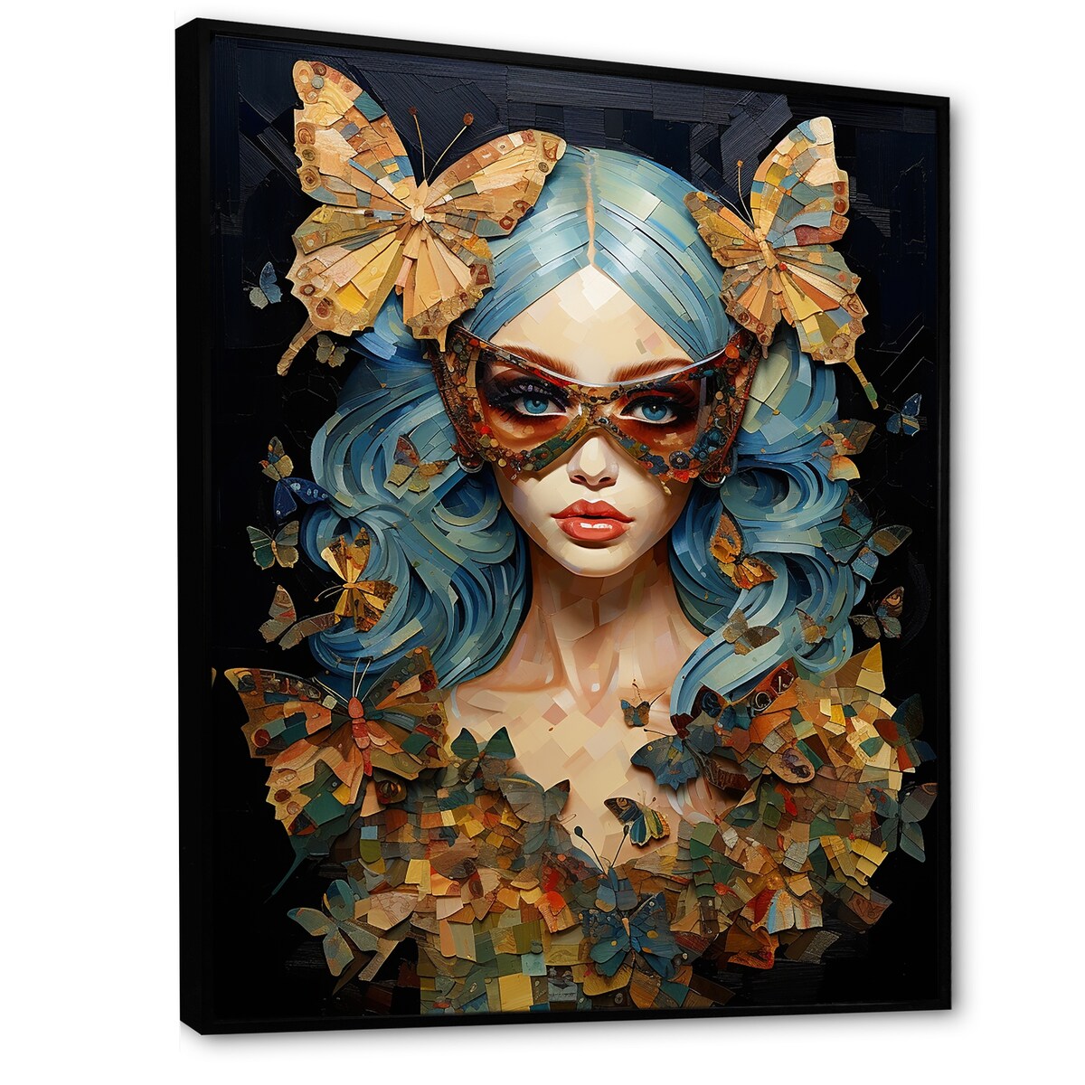 Designart "Gold And Blue Butterfly Glamour Woman Portrait II" Woman Glam Blue - Glam Living Room Framed Canvas Art