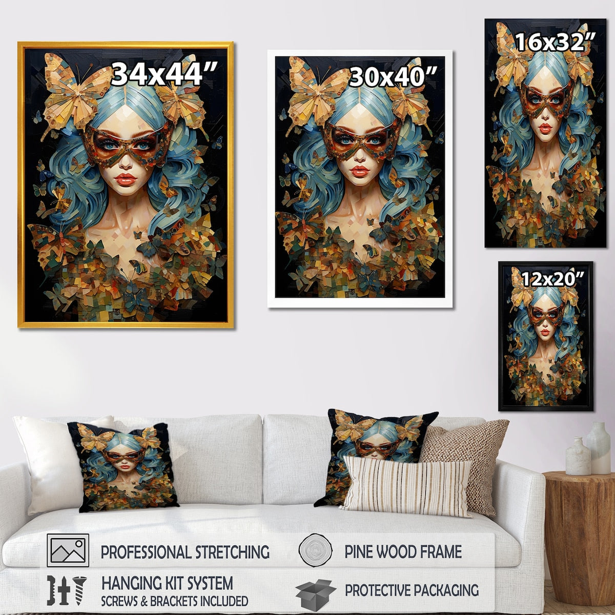 Designart "Gold And Blue Butterfly Glamour Woman Portrait II" Woman Glam Blue - Glam Living Room Framed Canvas Art