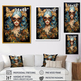 Designart "Gold And Blue Butterfly Glamour Woman Portrait II" Woman Glam Blue - Glam Living Room Framed Canvas Art