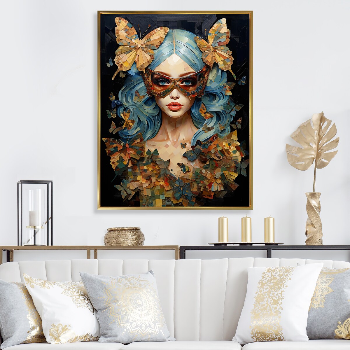 Designart "Gold And Blue Butterfly Glamour Woman Portrait II" Woman Glam Blue - Glam Living Room Framed Canvas Art