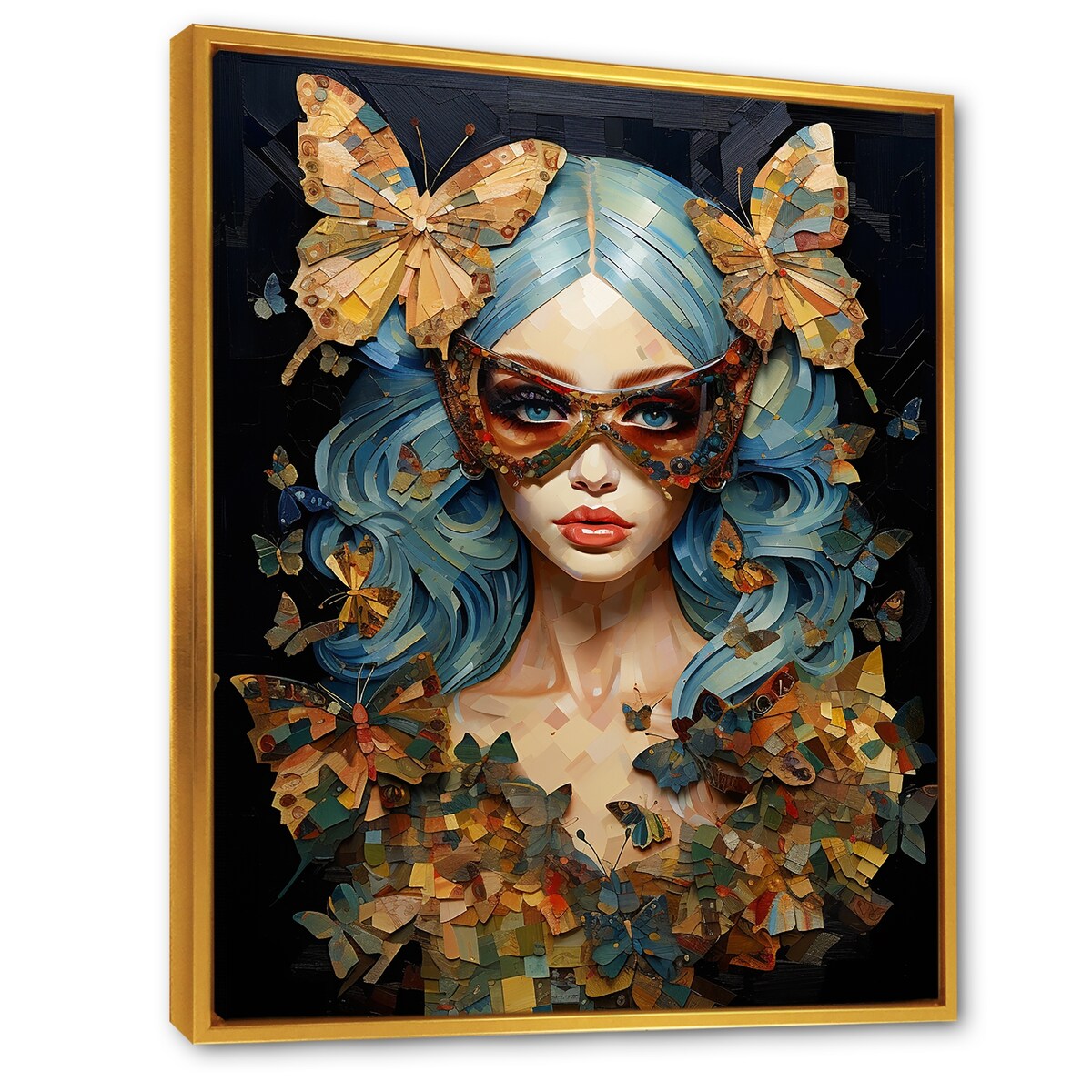 Designart "Gold And Blue Butterfly Glamour Woman Portrait II" Woman Glam Blue - Glam Living Room Framed Canvas Art