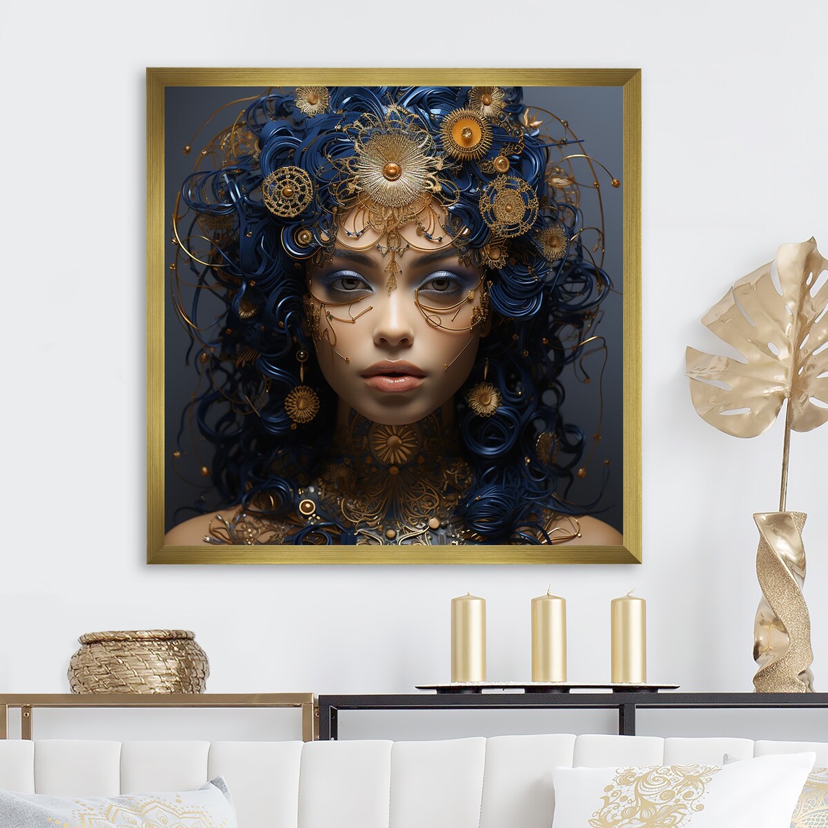 Designart "Gold And Blue Egyptian Tribal Woman Queen III" Woman Egyptian Gold - Glam Bedroom Framed Canvas Wall Art