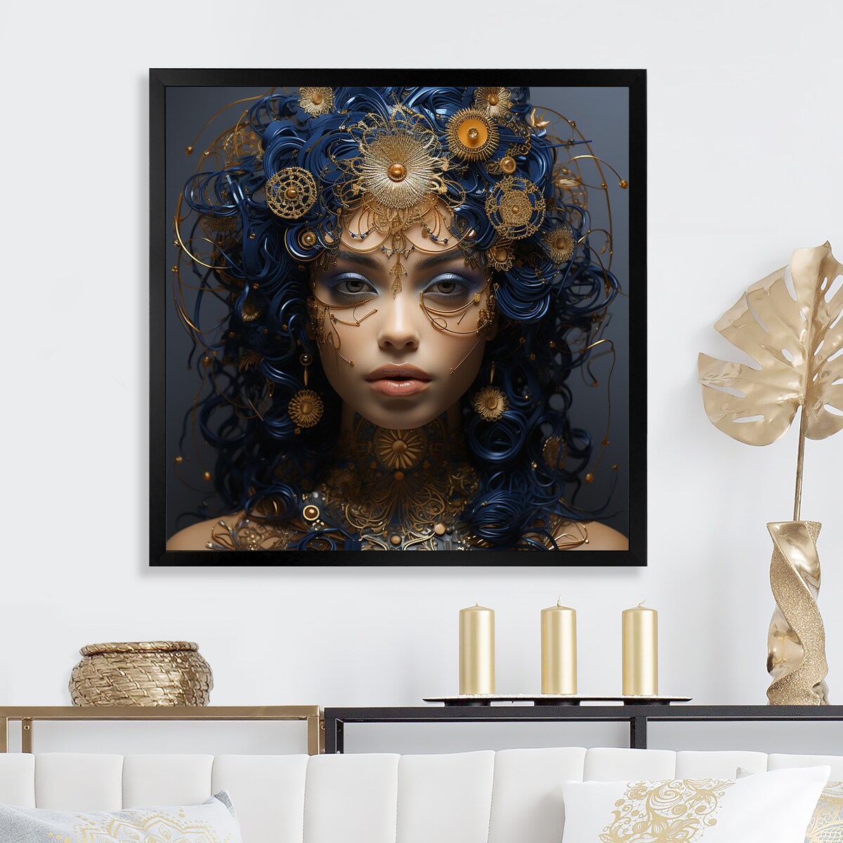 Designart "Gold And Blue Egyptian Tribal Woman Queen III" Woman Egyptian Gold - Glam Bedroom Framed Canvas Wall Art