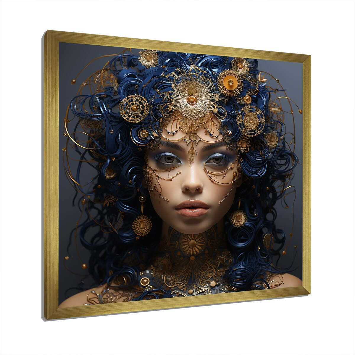 Designart "Gold And Blue Egyptian Tribal Woman Queen III" Woman Egyptian Gold - Glam Bedroom Framed Canvas Wall Art