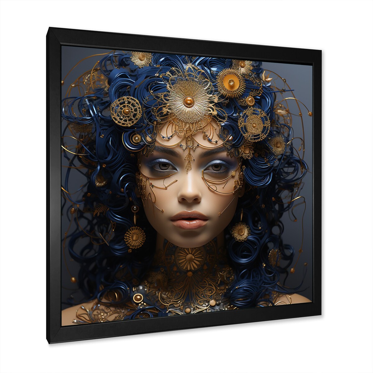 Designart "Gold And Blue Egyptian Tribal Woman Queen III" Woman Egyptian Gold - Glam Bedroom Framed Canvas Wall Art