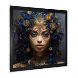 Designart "Gold And Blue Egyptian Tribal Woman Queen III" Woman Egyptian Gold - Glam Bedroom Framed Canvas Wall Art