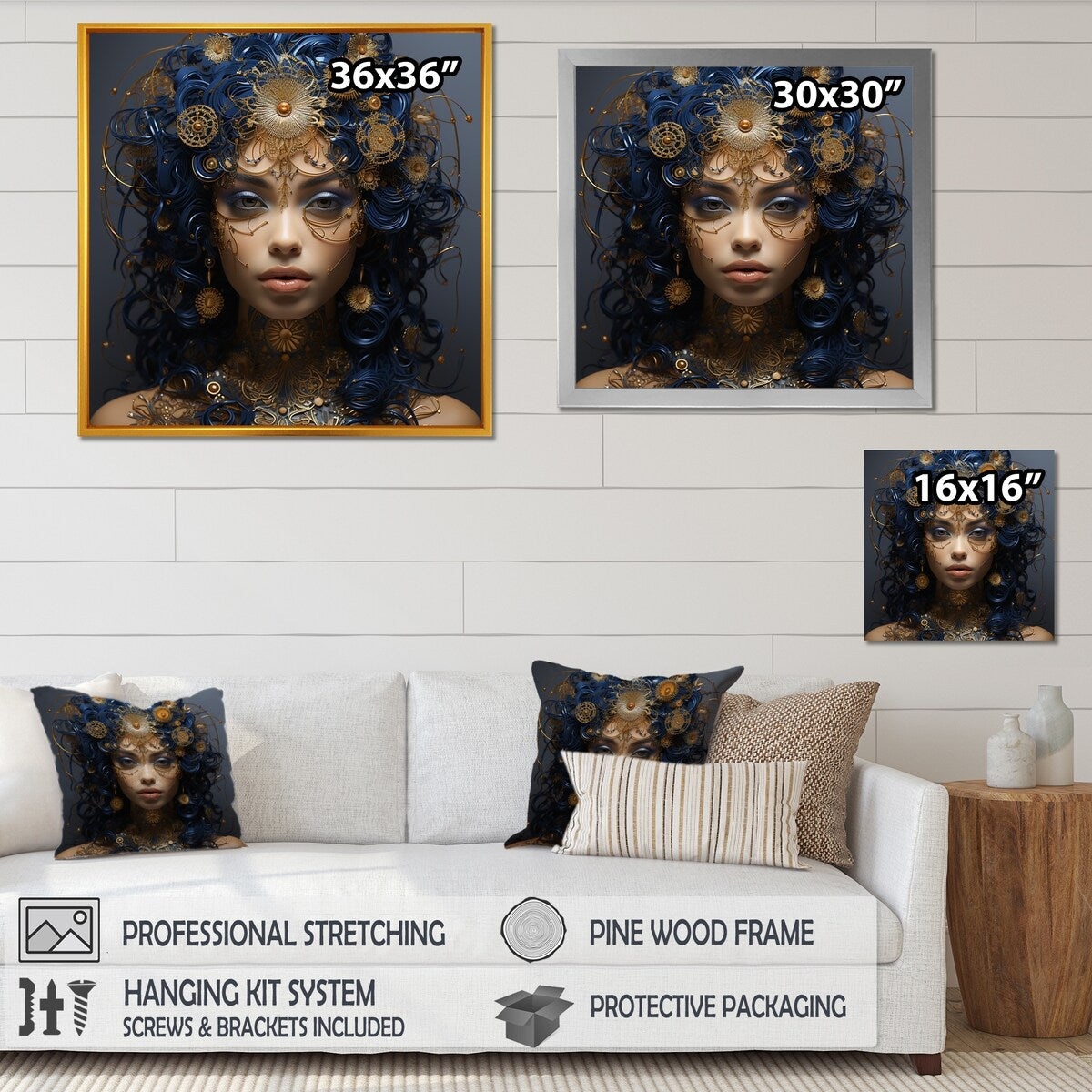 Designart "Gold And Blue Egyptian Tribal Woman Queen III" Woman Egyptian Gold - Glam Bedroom Framed Canvas Wall Art
