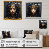 Designart "Gold And Blue Egyptian Tribal Woman Queen III" Woman Egyptian Gold - Glam Bedroom Framed Canvas Wall Art