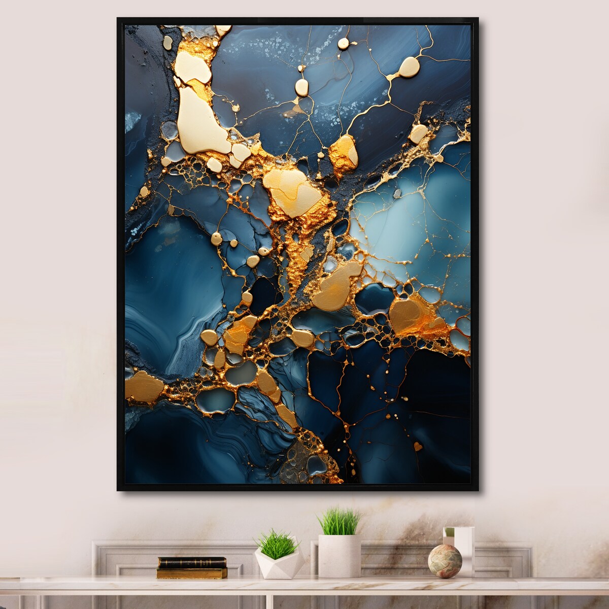 Designart "Gold And Blue Marble Mosaic Agate V" Marble Gold Wall Decor - Modern Hallway Framed Wall Art Decor